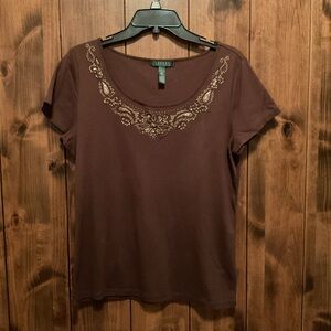 Lauren Ralph Lauren Chocolate Brown Tee with Gold Detailing